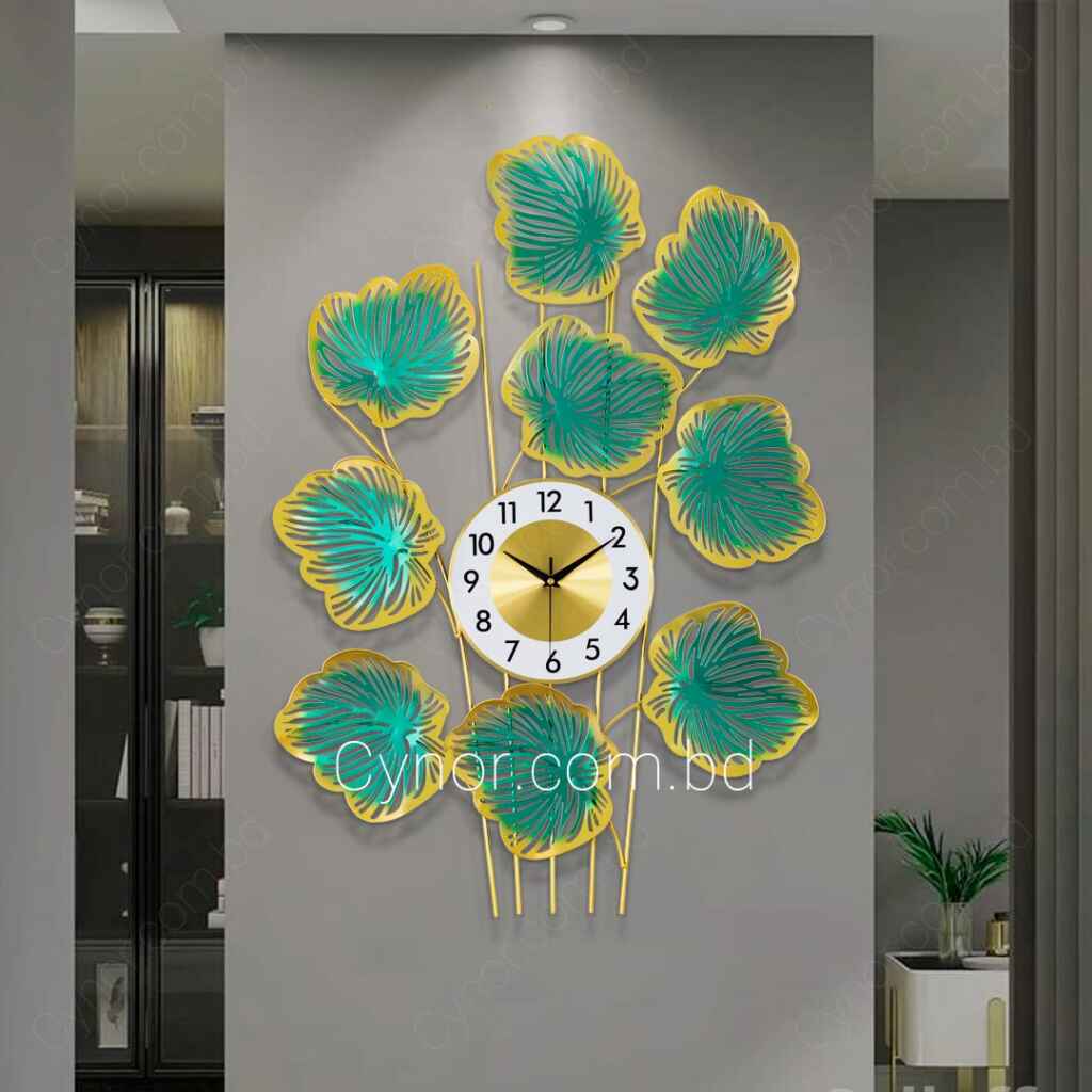 Metal Body Golden and Green Color Leaf Design Wall Clock – Cynor Online ...